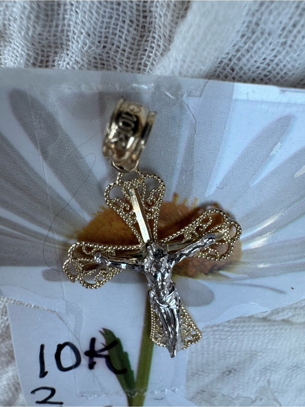 10K real gold stamped and acid tested Two-Tone Crucifix Pendant yellow white go